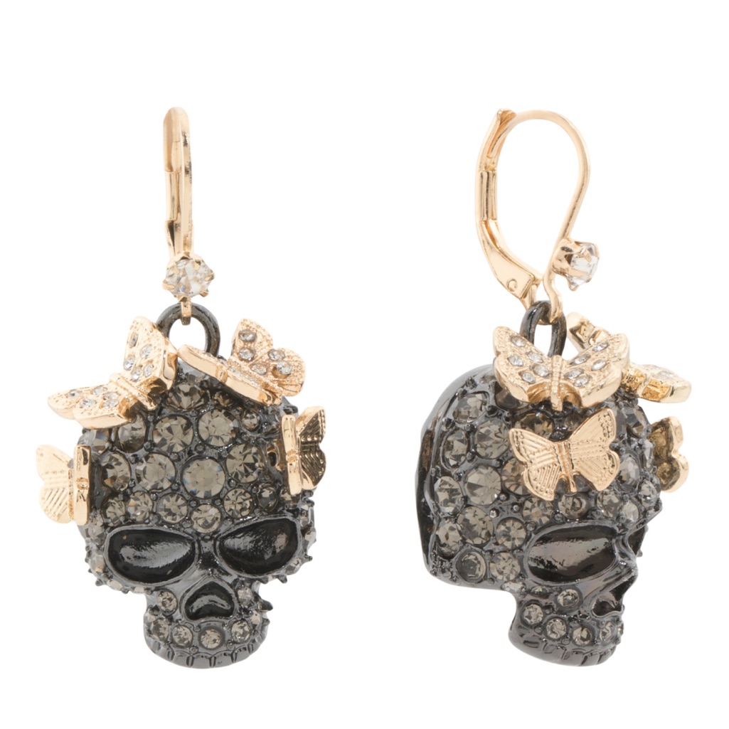 Betsey Johnson Black And Gold Skull Earrings With Butterfly Details 35$